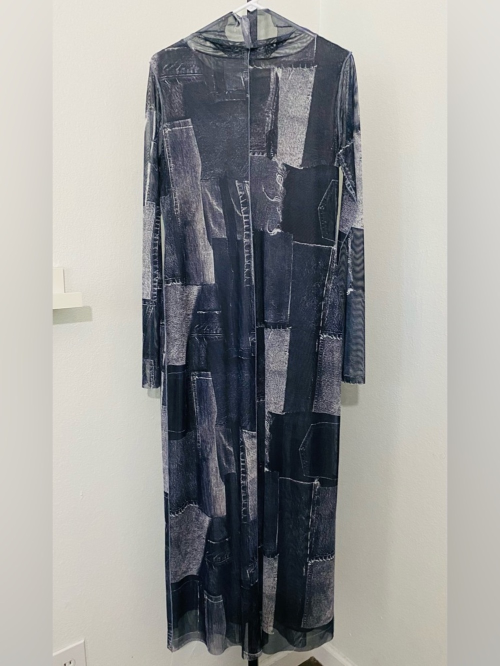 Zara Patchwork Tulle Mesh Sheer Midi Maxi Dress Gray Blue Denim Look Size XL - Picture 10 of 15